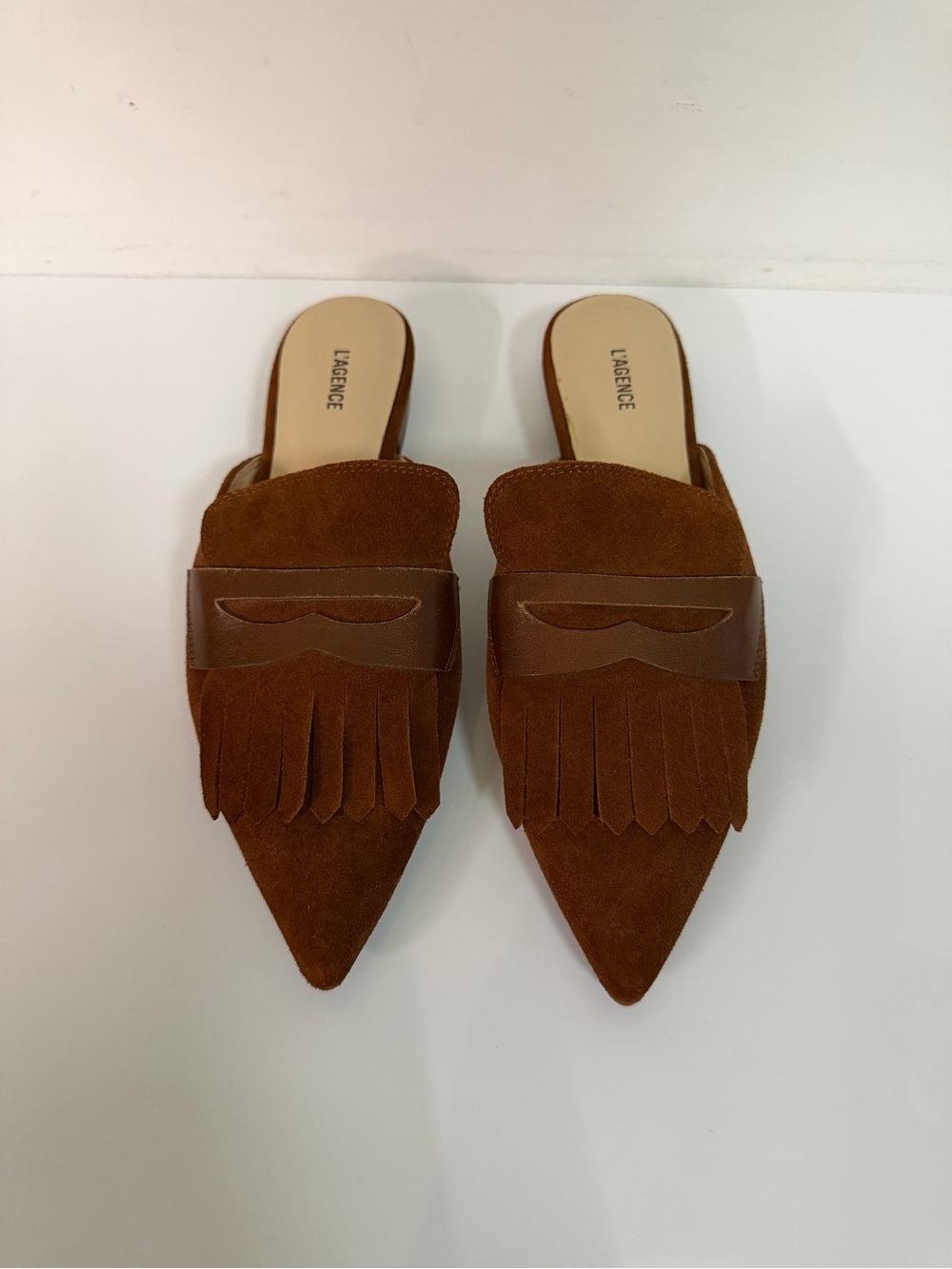 L'AGENCE Tan Suede Pointed Fringe Leather-Trim Mules